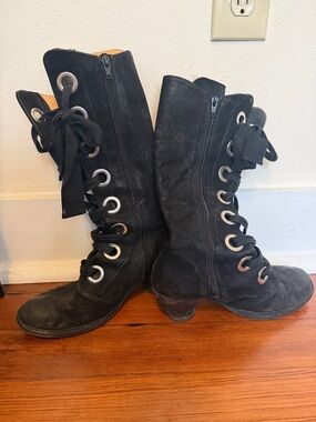 John Fluevog Black Lace-Up Mid-Calf Suede Boots